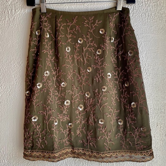 Vintage Y2K Express olive green beaded silk mini skirt Size S - Picture 1 of 15